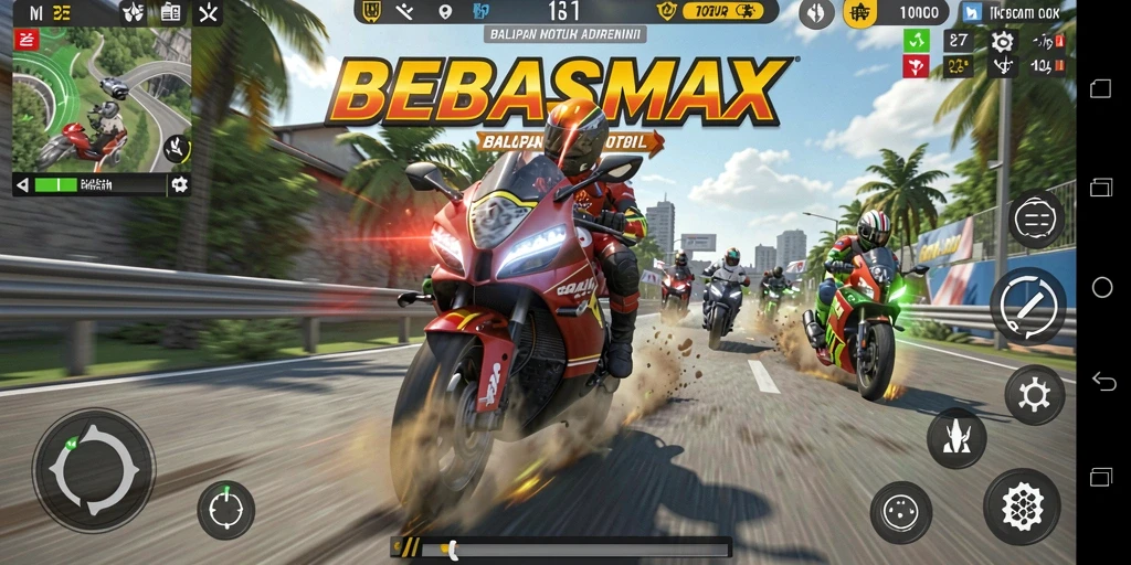 Tampilan gameplay balapan motor yang seru dan mendebarkan.