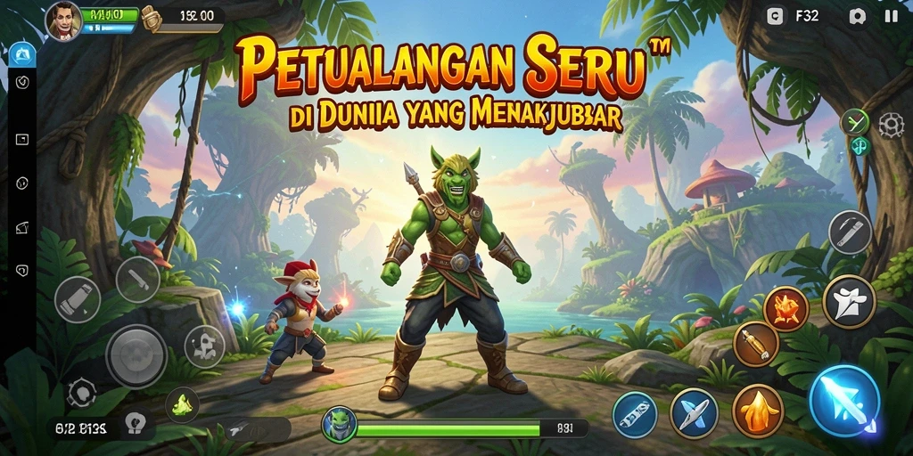 Tangkapan layar F32 menunjukkan gameplay penuh aksi dan eksplorasi menakjubkan.