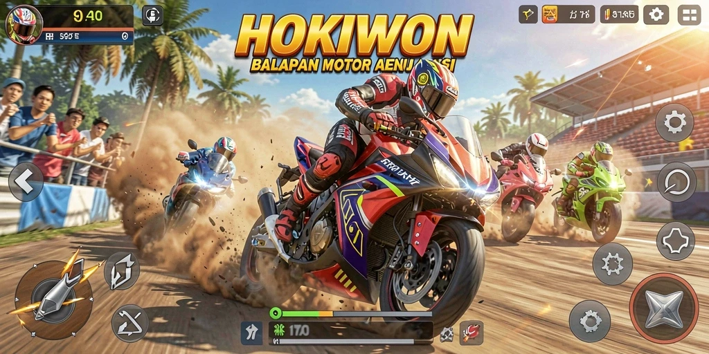 Tampilan gameplay HOKIWON yang memacu adrenalin dalam balapan motor.