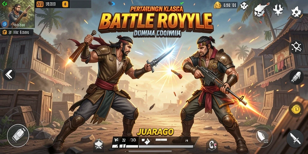 Screenshot JUARAGO menampilkan pertempuran seru di arena Battle Royale.