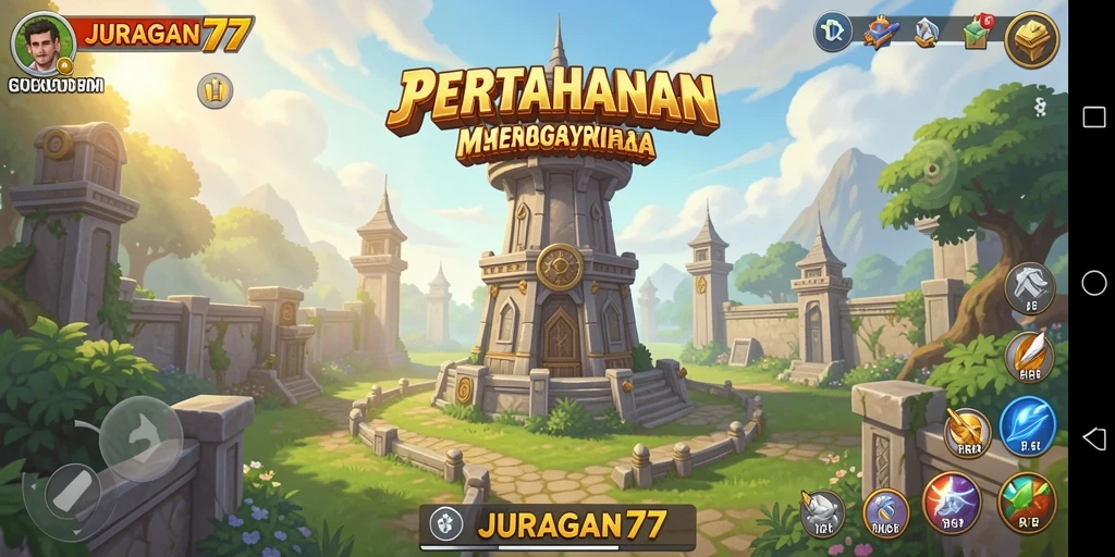 Tangkapan layar gameplay <strong>JURAGAN77</strong> menunjukkan aksi menegangkan dalam pertahanan menara.