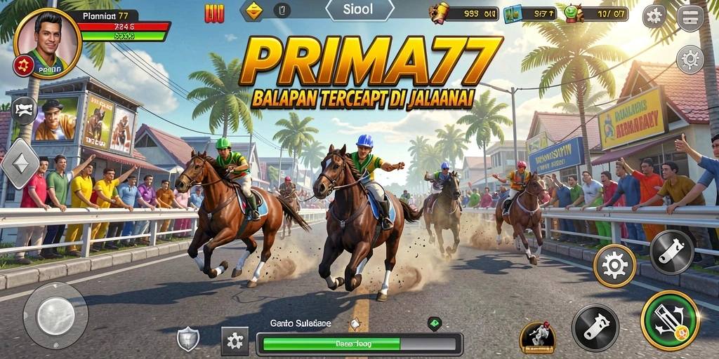 Screenshot utama PRIMA77 yang menampilkan aksi balapan yang mendebarkan.