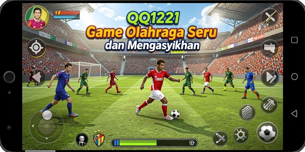 Screenshot utama QQ1221 menampilkan aksi seru di lapangan olahraga.