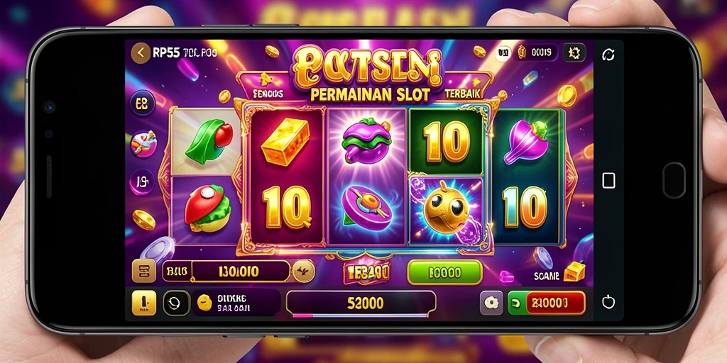 Screenshot gameplay RP55 yang menampilkan gulungan slot yang penuh warna.