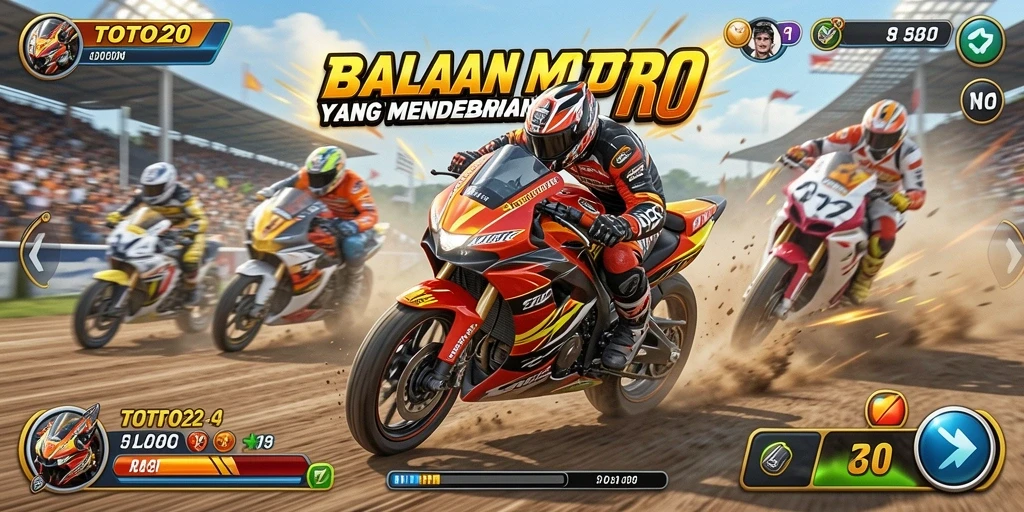 Screenshot gameplay TOTO20 menampilkan aksi balapan motor yang seru dan mendebarkan.