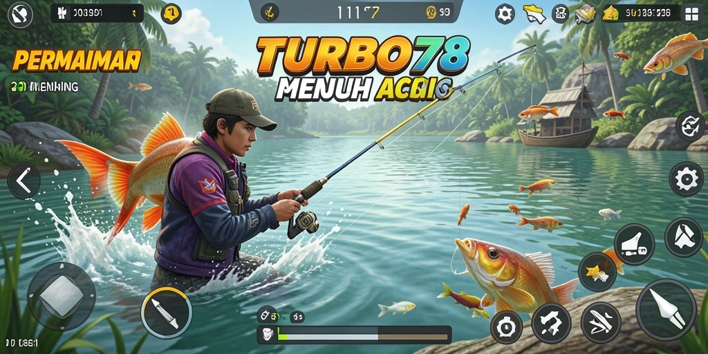 Screenshot TURBO78 menampilkan aksi mendebarkan saat memancing ikan.